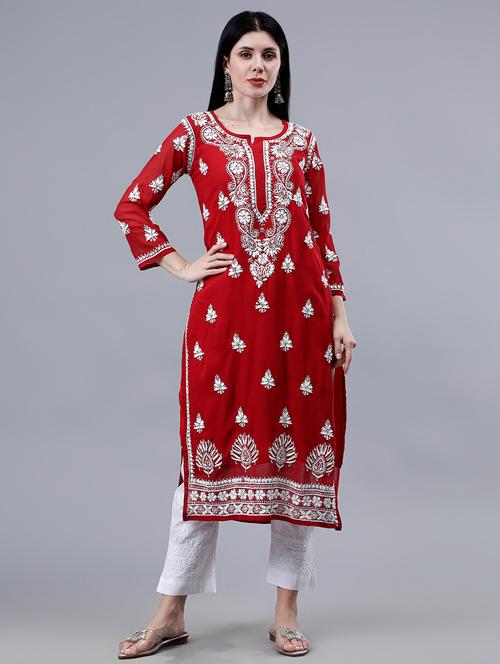women three quarter sleeve chikankari work kurta - 21450782 - Standard Image - 0