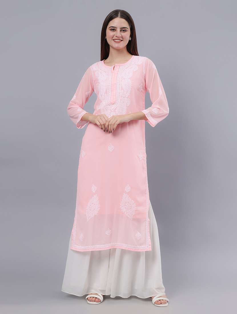 women three quarter sleeve chikankari work kurta 