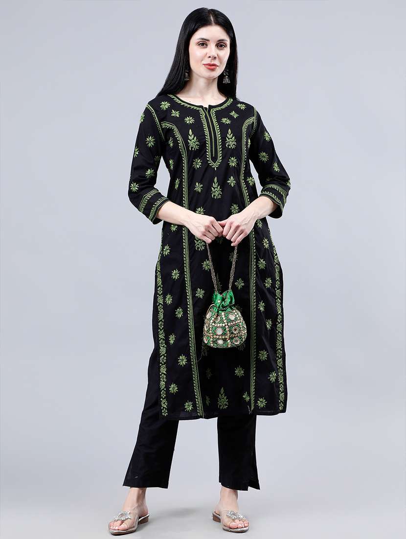 women three quarter sleeve chikankari work kurta - 21450784 - Zoom Image - 0