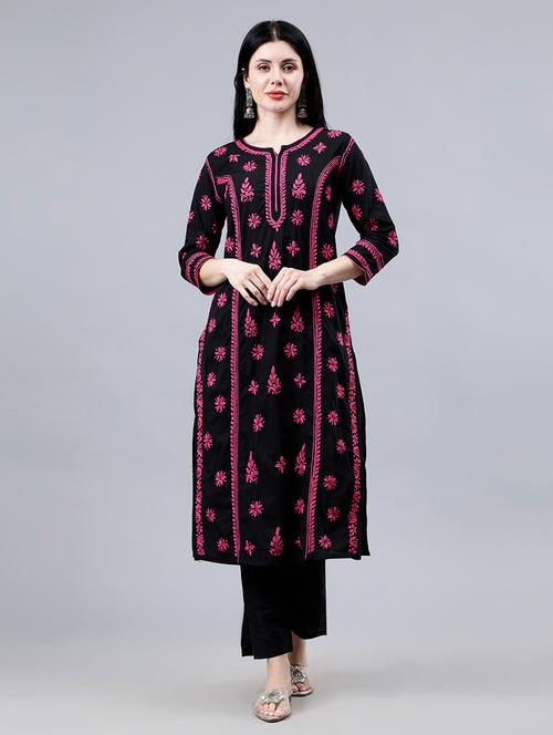 women three quarter sleeve chikankari work kurta - 21450785 - Standard Image - 0