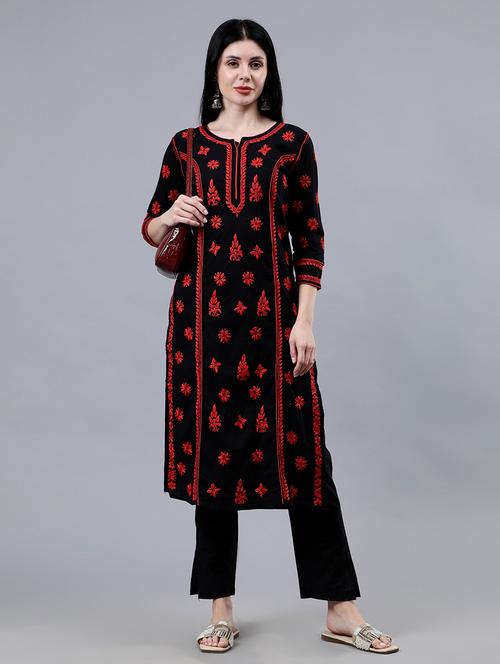 women three quarter sleeve chikankari work kurta - 21450786 - Standard Image - 0