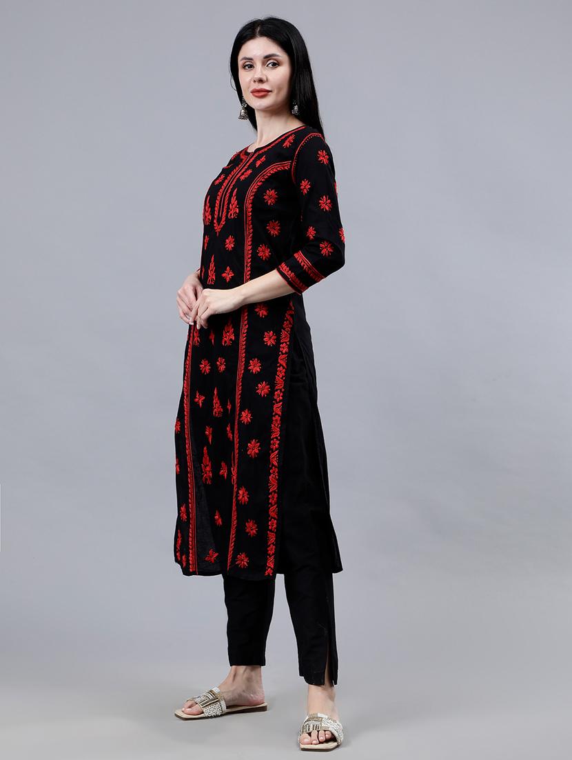 women three quarter sleeve chikankari work kurta - 21450786 - Standard Image - 2