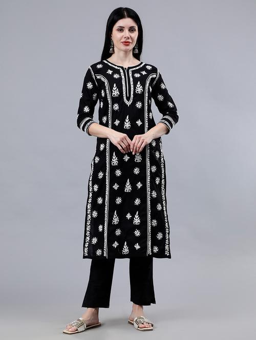 women three quarter sleeve chikankari work kurta - 21450787 - Standard Image - 0