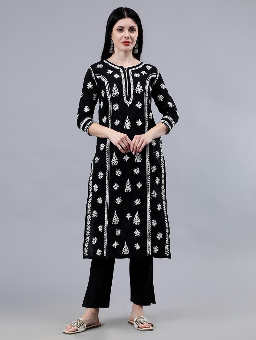 women three quarter sleeve chikankari work kurta - 21450787 - Zoom Image - 0
