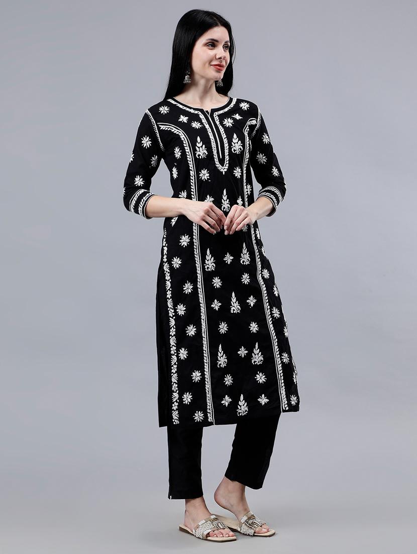 women three quarter sleeve chikankari work kurta - 21450787 - Standard Image - 2