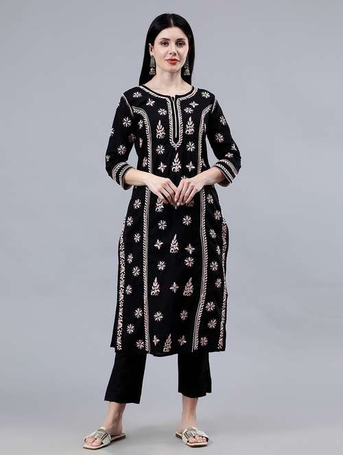 women three quarter sleeve chikankari work kurta - 21450789 - Standard Image - 0