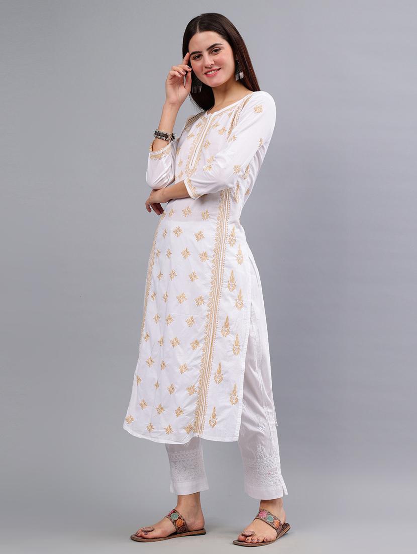 women three quarter sleeve chikankari work kurta - 21450792 - Standard Image - 2
