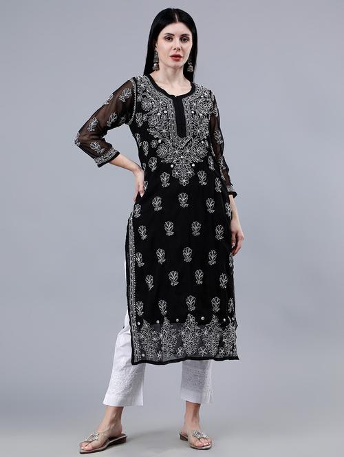 women three quarter sleeve chikankari work kurta - 21450795 - Standard Image - 0