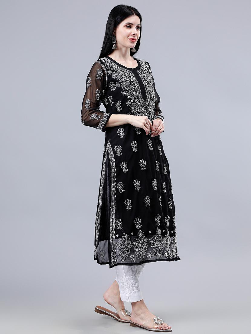 women three quarter sleeve chikankari work kurta - 21450795 - Standard Image - 2