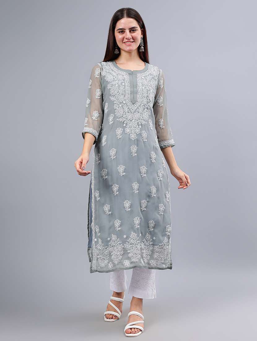 women round neck chikankari straight kurta