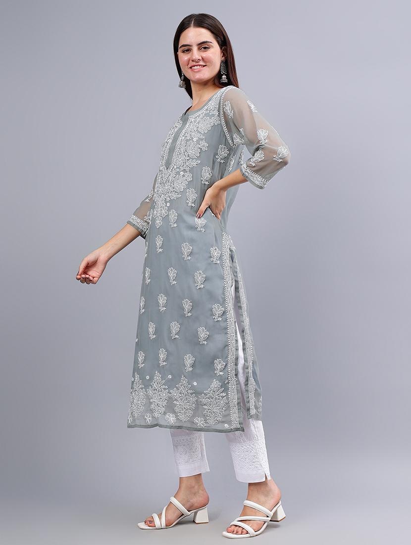 women round neck chikankari straight kurta - 21450796 - Standard Image - 2