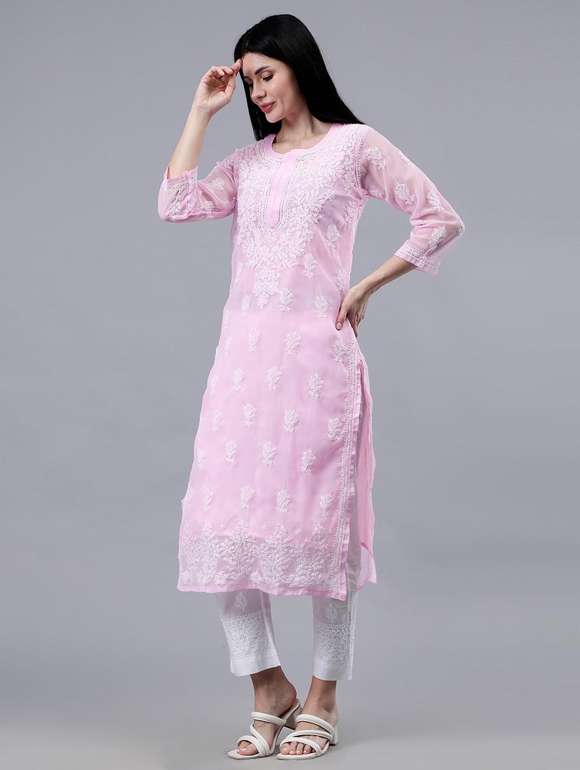women three quarter sleeve chikankari work kurta - 21450799 - Standard Image - 2