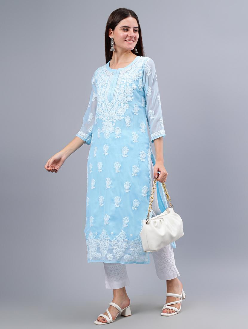 women three quarter sleeve chikankari work kurta - 21450800 - Standard Image - 2
