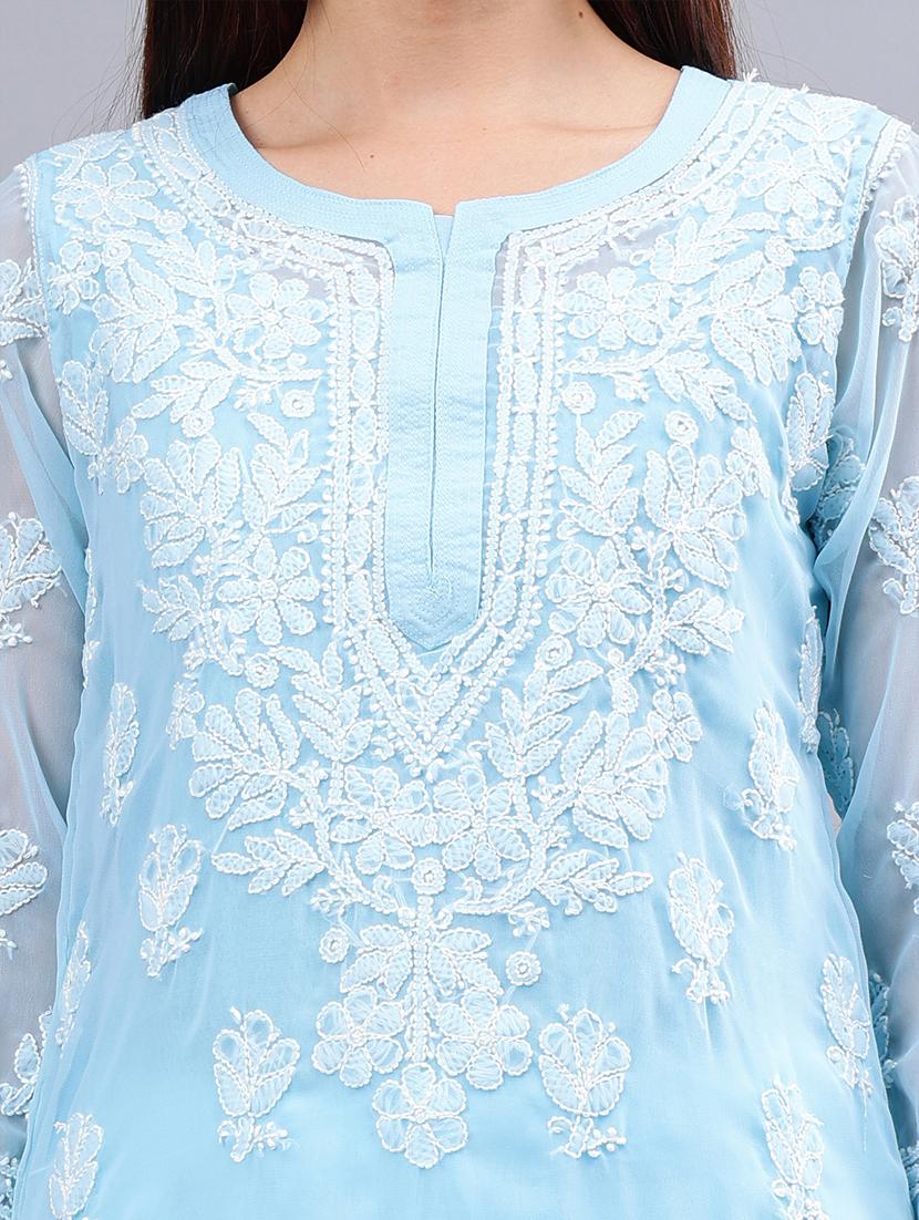 women three quarter sleeve chikankari work kurta - 21450800 - Standard Image - 7
