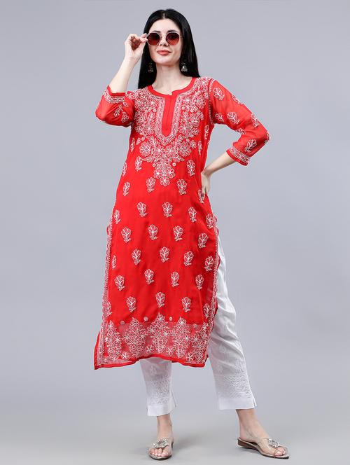 women three quarter sleeve chikankari work kurta - 21450801 - Standard Image - 0