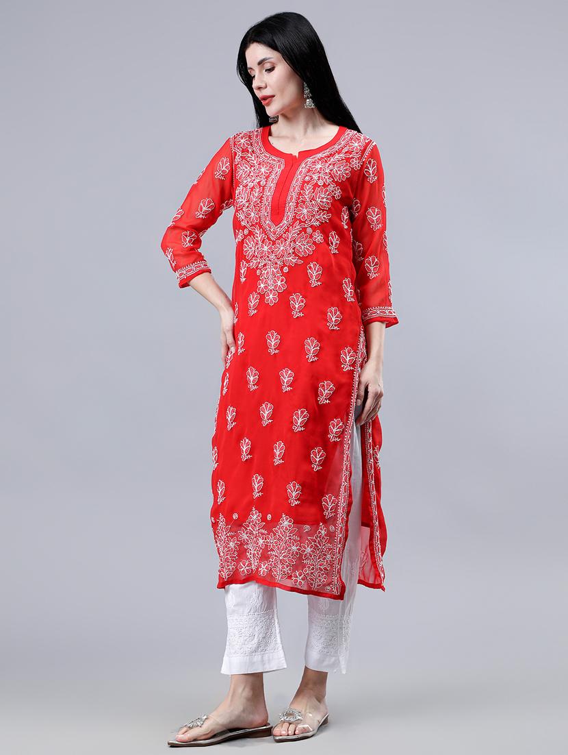 women three quarter sleeve chikankari work kurta - 21450801 - Standard Image - 2