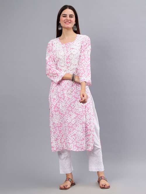 women three quarter sleeve chikankari work kurta  - 21450803 -  Standard Image - 0