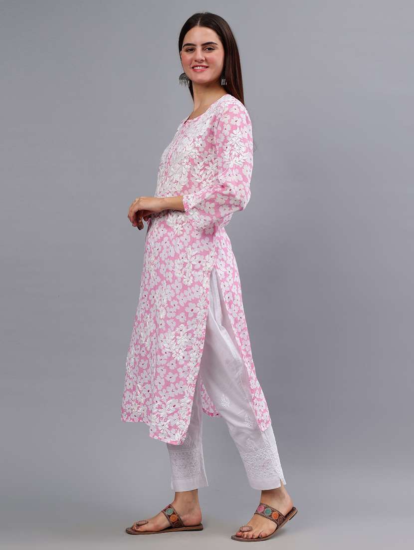 women three quarter sleeve chikankari work kurta - 21450803 - Standard Image - 2
