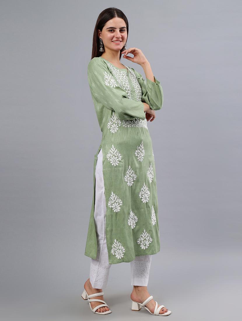 women three quarter sleeve chikankari kurta - 21450810 - Standard Image - 2