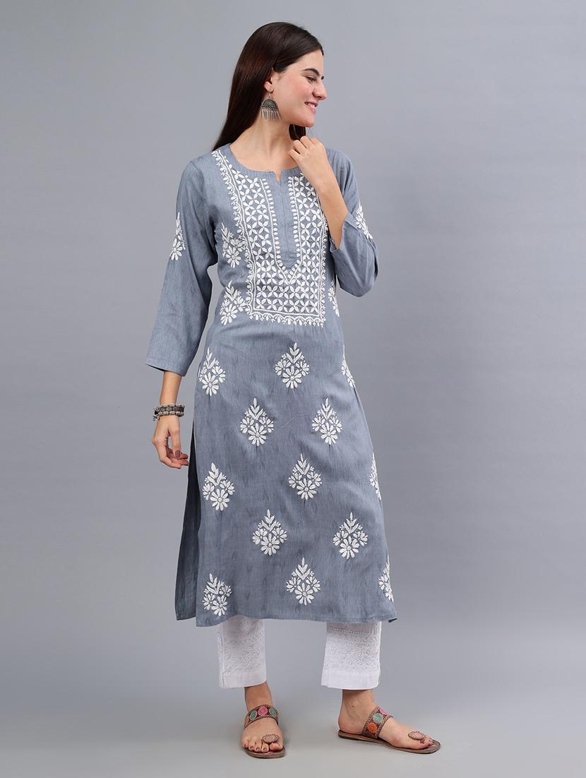 women three quarter sleeve chikankari kurta - 21450813 - Standard Image - 2