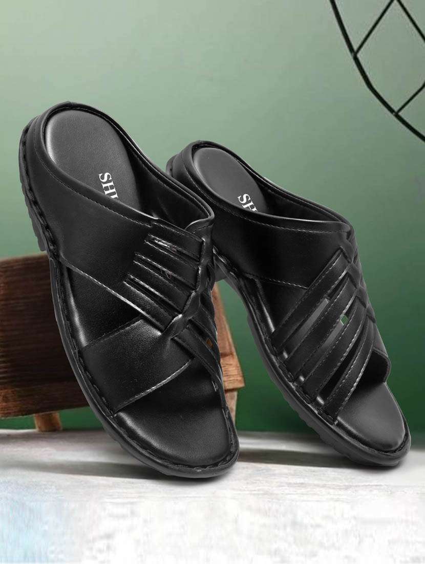 black synthetic slip on sandals