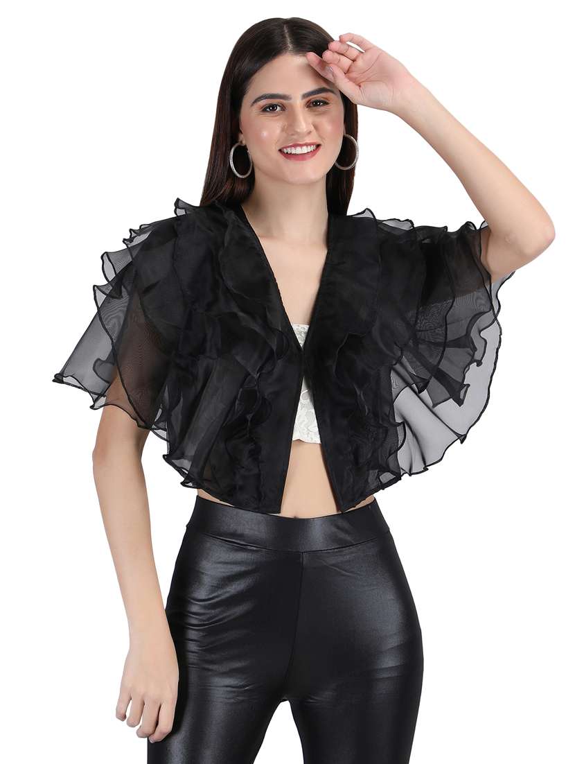 women black polyester ruffle shrug