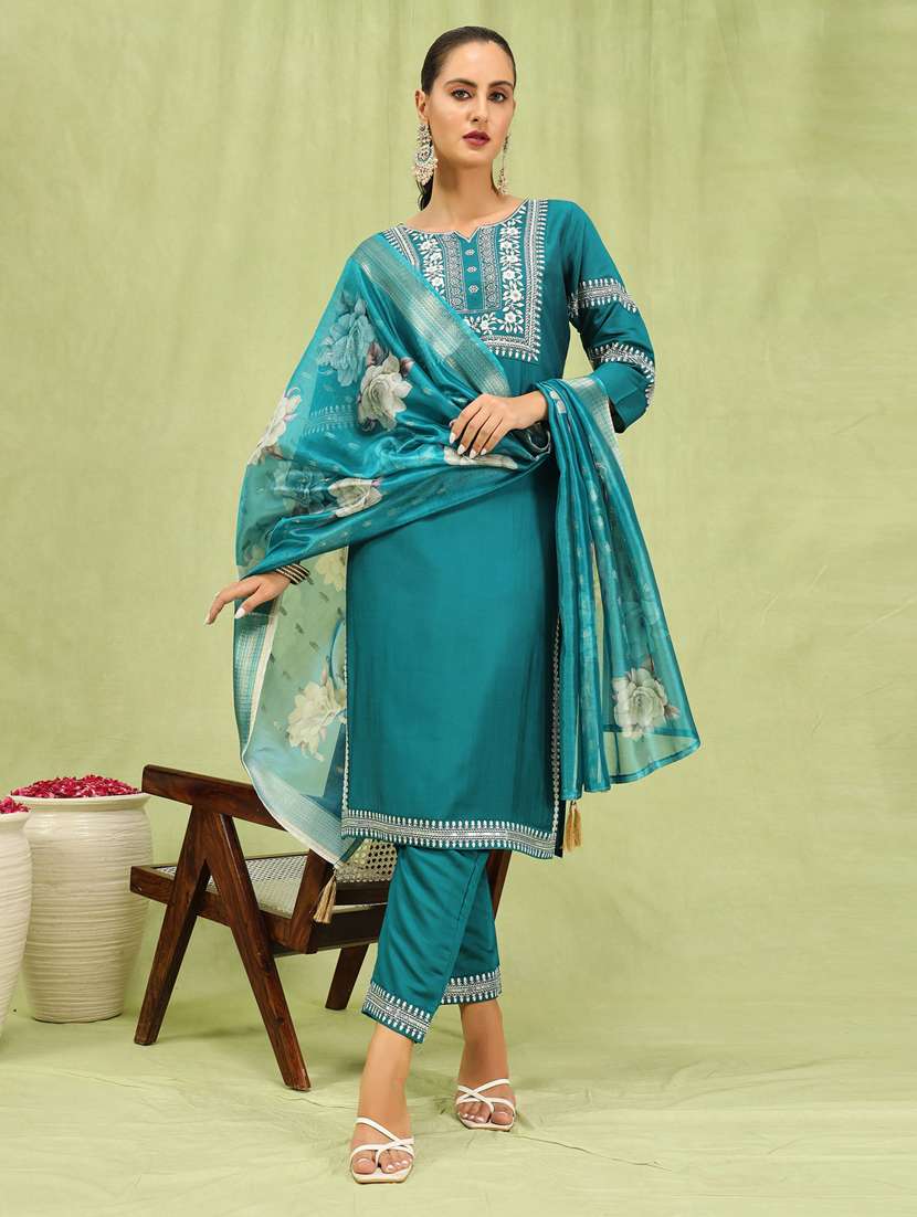 women teal green kurta dupatta set