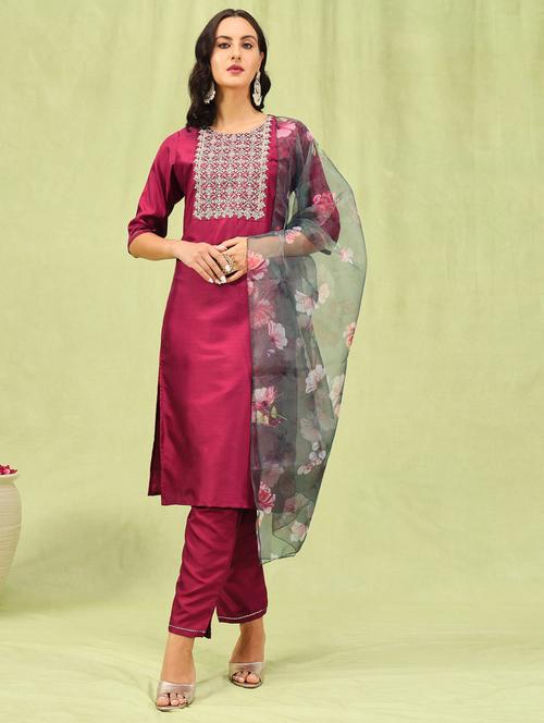 women maroon kurta dupatta set - 21450912 -  Standard Image - 0