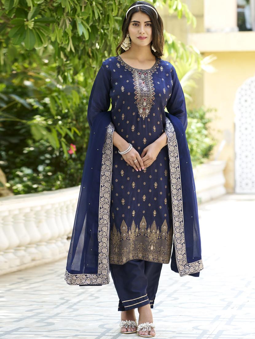 women navy blue kurta dupatta set