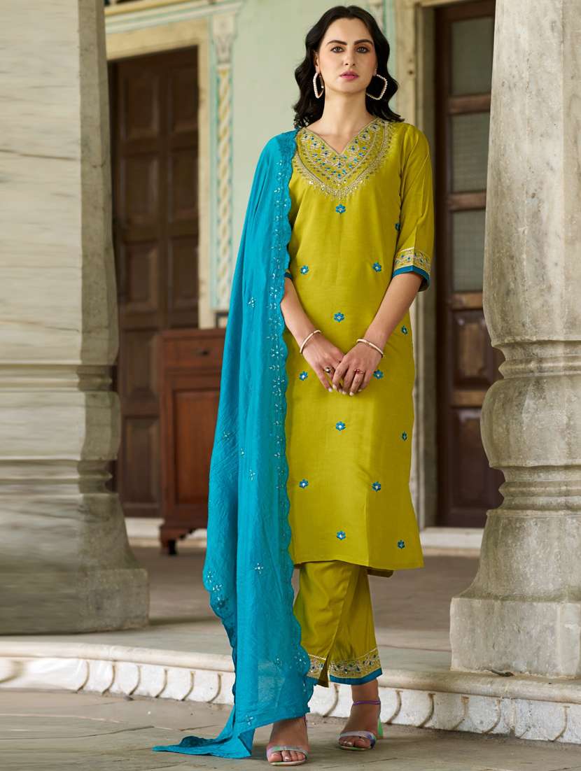 women lime green kurta dupatta set