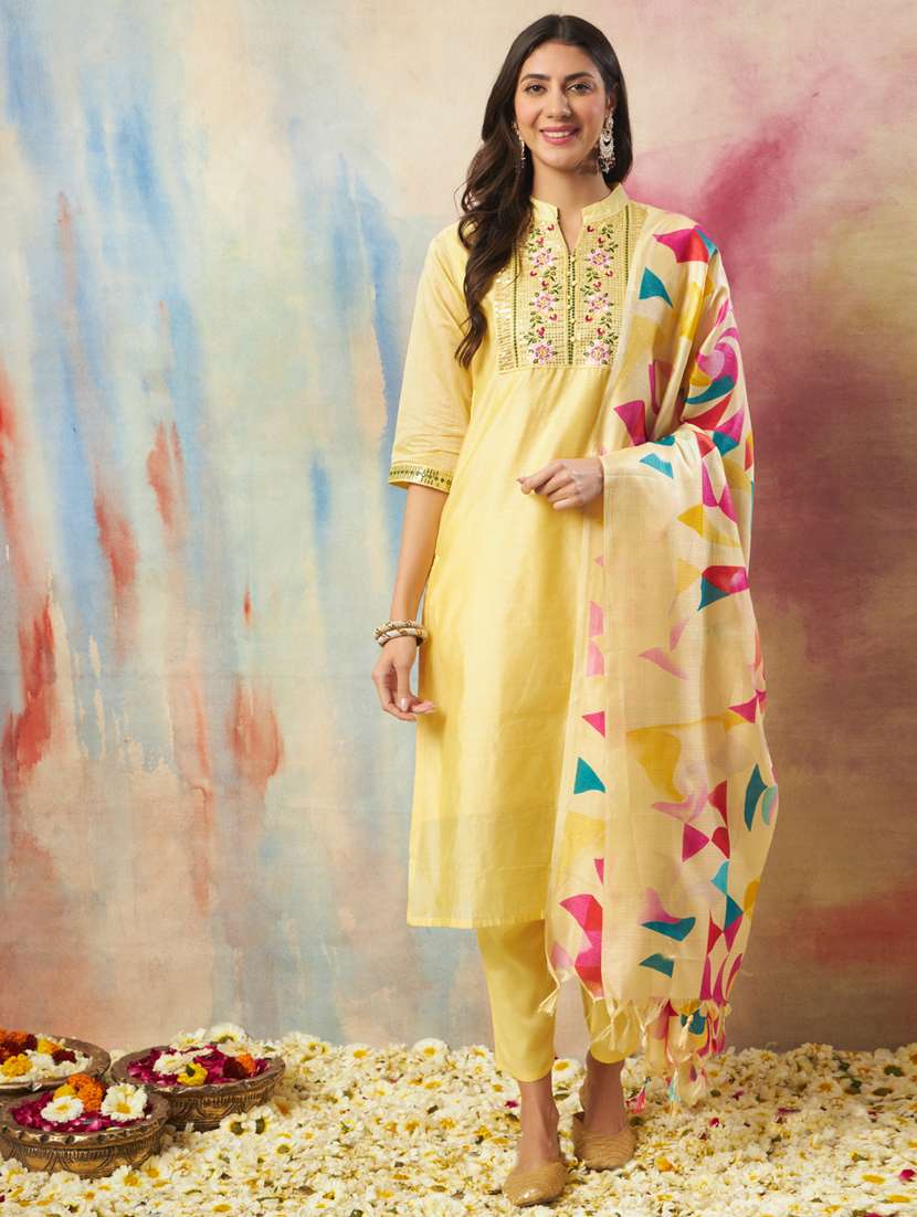 women yellow kurta dupatta set