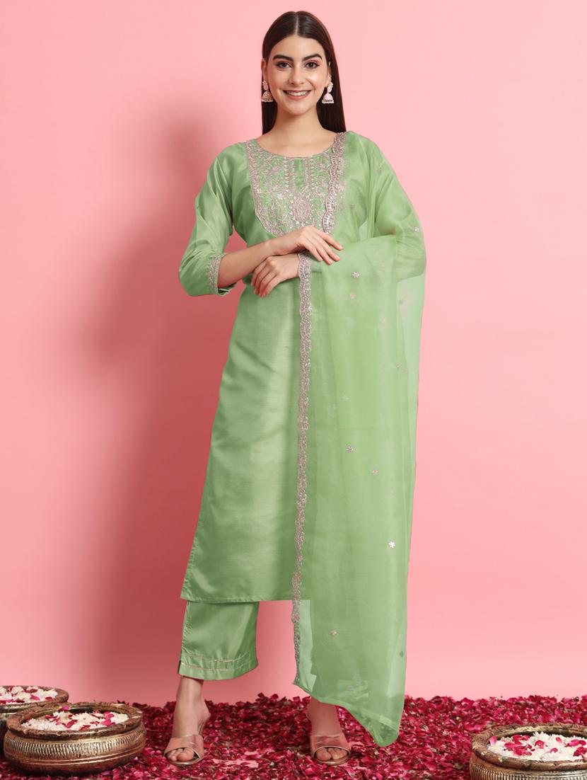 women three quarter sleeve kurta pant with dupatta set