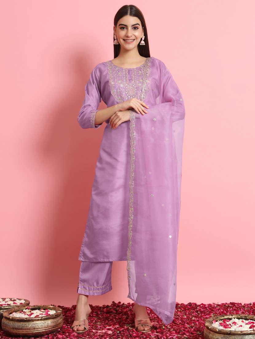 women three quarter sleeve kurta pant with dupatta set