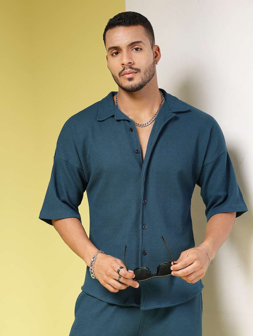 Men Cuban Collar Solid Co-ord Set - 21451391 -  Standard Image - 2