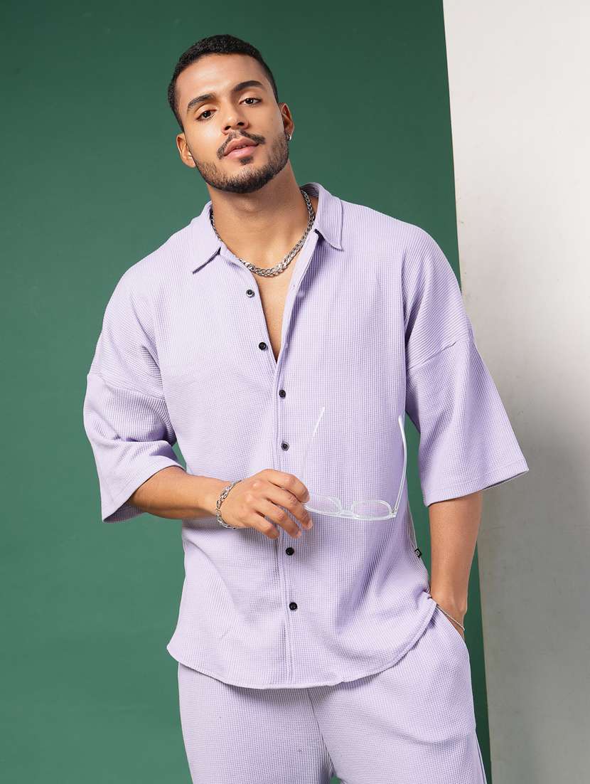 Men Lavender Solid Collared Co-ord Set - 21451392 -  Standard Image - 2