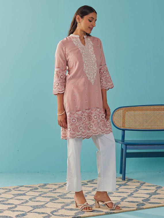 women solid with work embroidered schiffli a-line kurti - 21451494 - Standard Image - 2