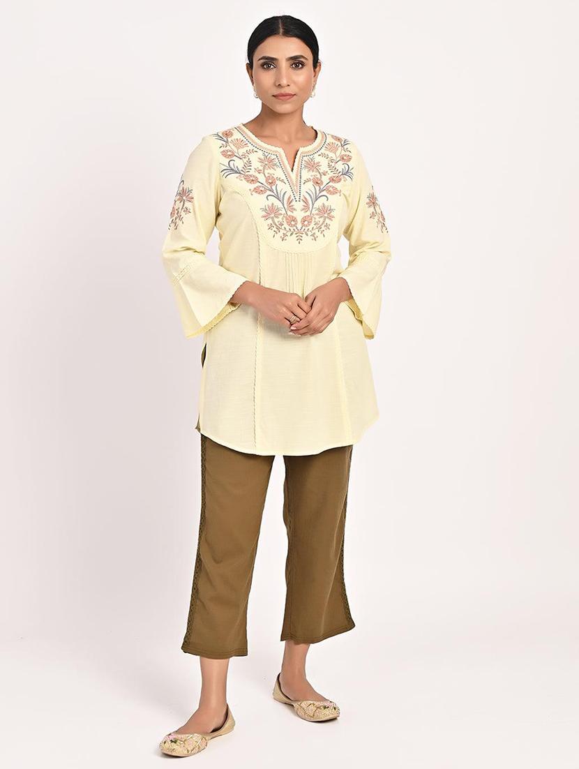 women yellow embroidered straight kurti - 21451575 -  Zoom Image - 0
