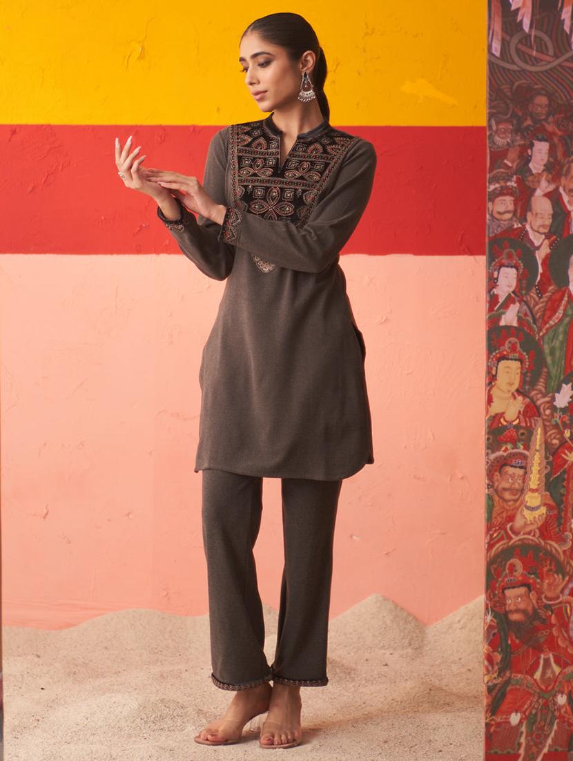 women grey wool blend kurta pant set - 21451690 - Standard Image - 2