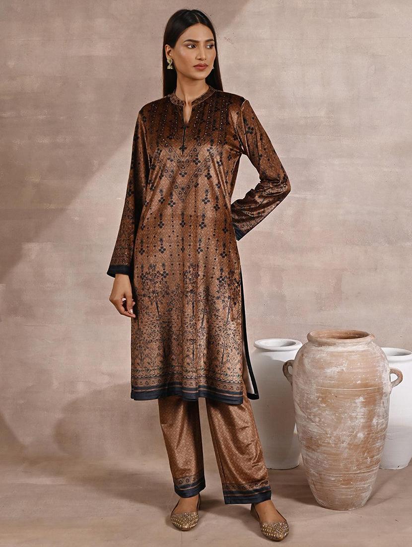 women brown velvet kurta palazzo set - 21451696 - Standard Image - 2