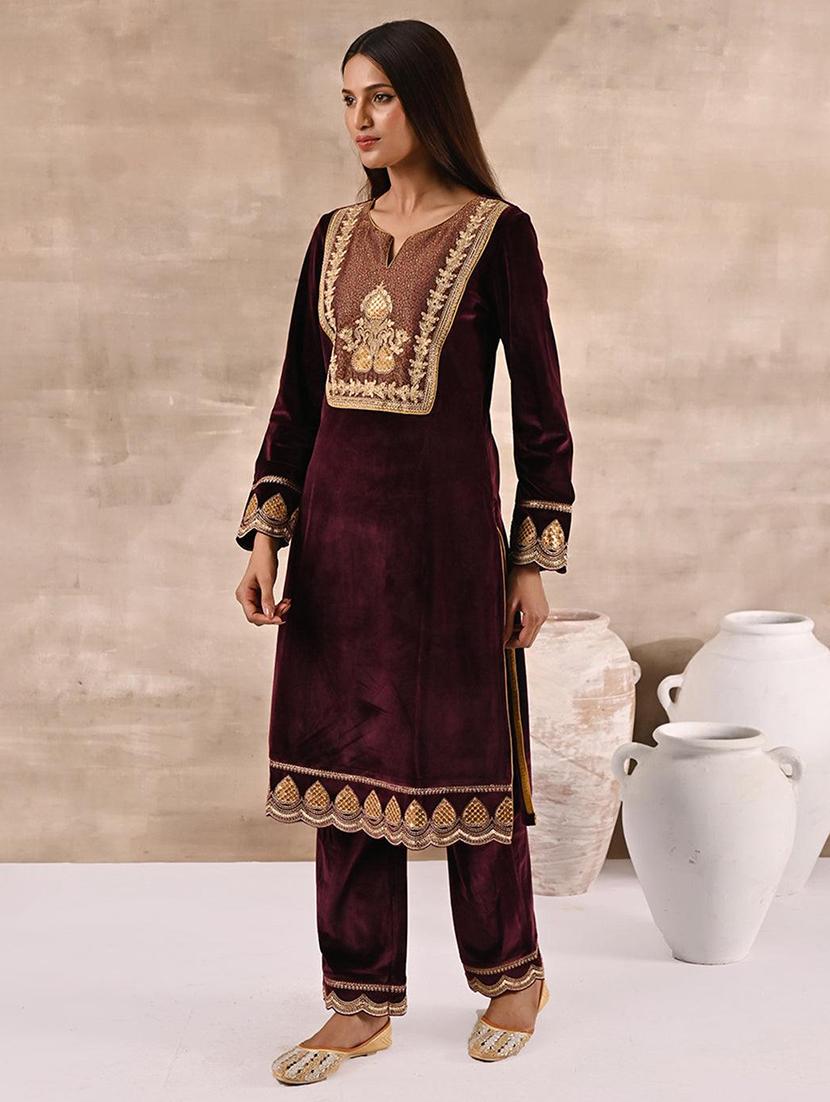 women burgundy velvet kurta palazzo set - 21451698 - Standard Image - 2