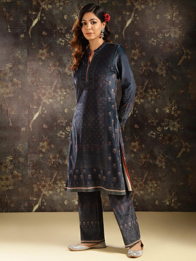 women navy blue velvet kurta pant set - 21451705 - Standard Image - 2