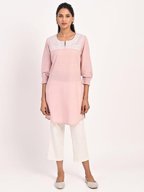 pink placement embroidered cotton kurta - 21451943 - Standard Image - 0