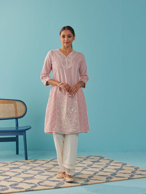 women solid with work three quarter sleeve schiffli a-line kurta - 21452098 - Standard Image - 0