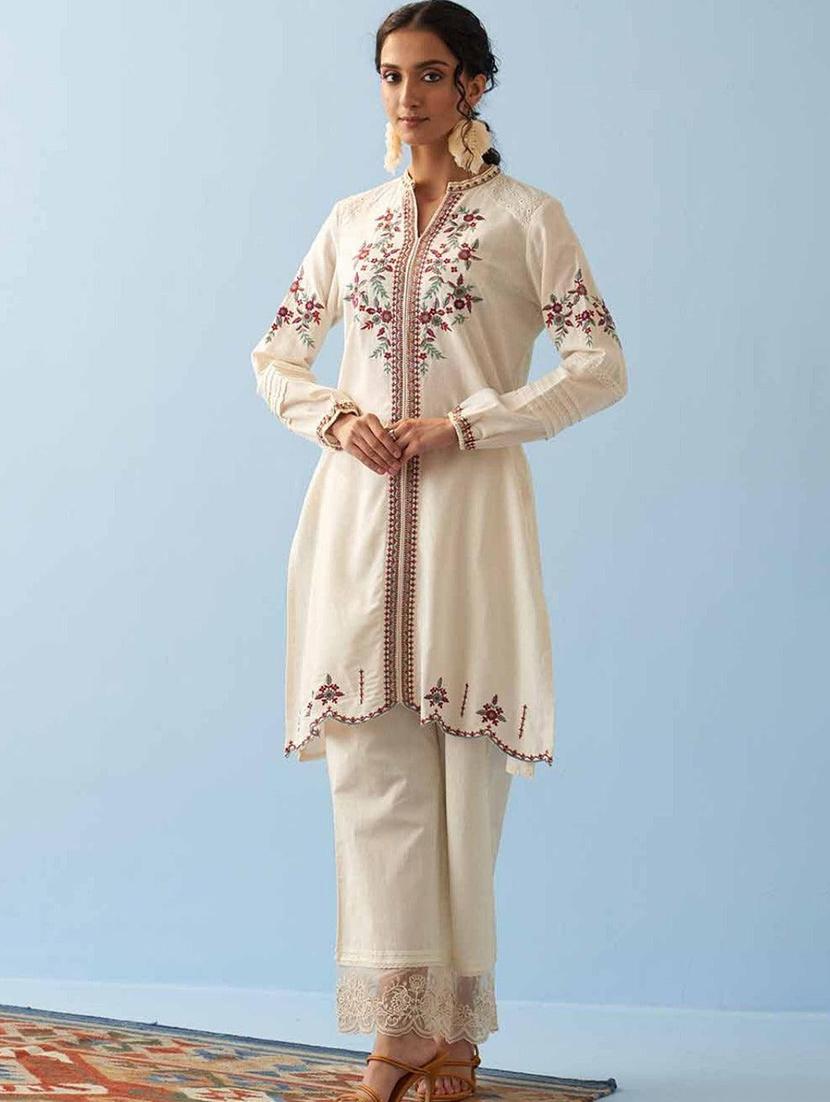 women solid with work long sleeve a-line kurta - 21452129 - Standard Image - 2