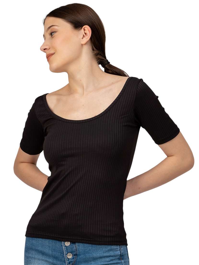 women solid scoop neck long sleeves top - 21452569 -  Standard Image - 2
