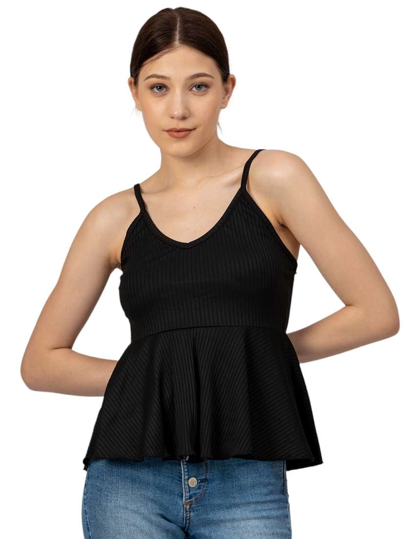 women solid shoulder strap peplum top
