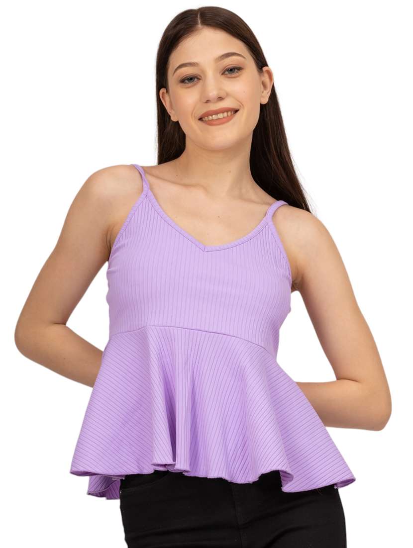 women solid shoulder strap peplum top