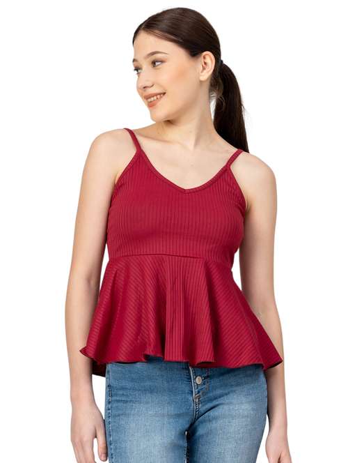 women solid shoulder strap peplum top - 21452579 -  Standard Image - 0