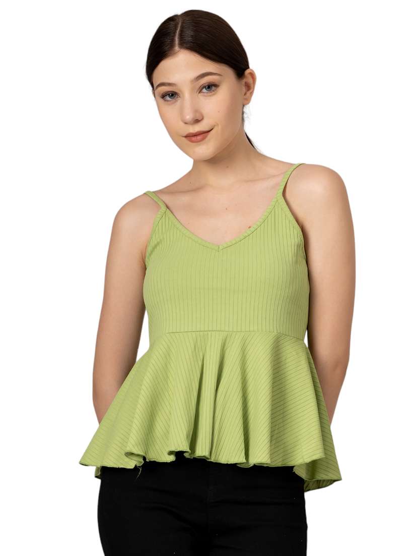 women solid shoulder strap peplum top