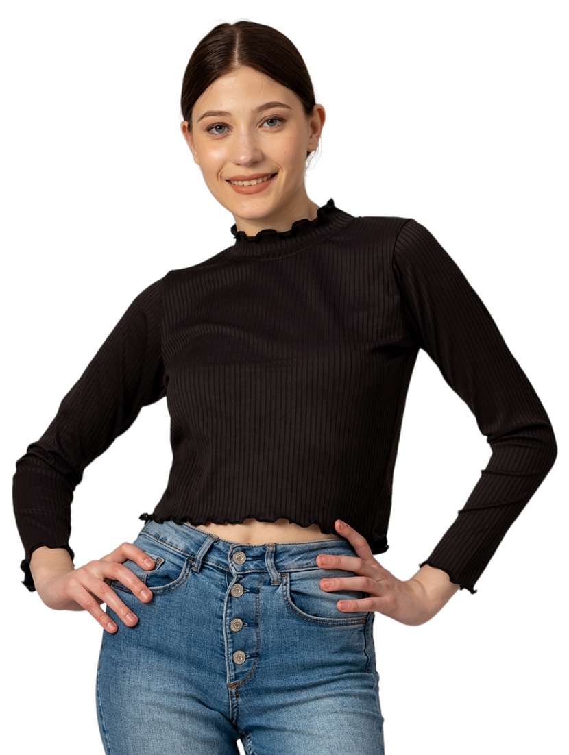 women solid long sleeves crop top